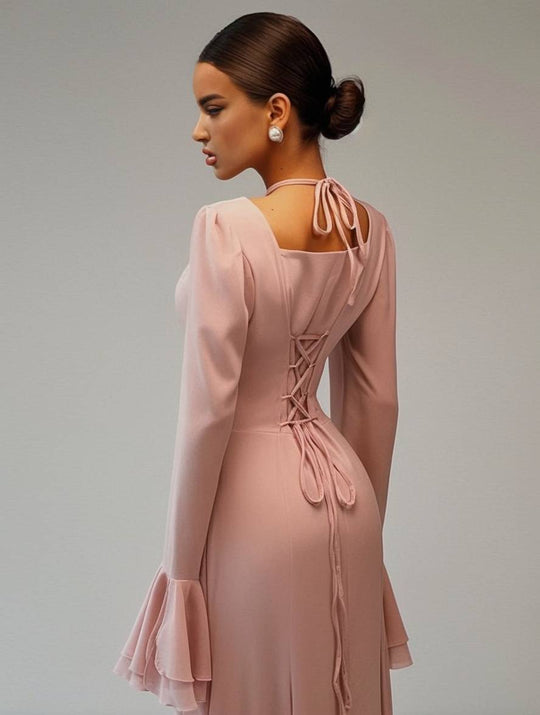 Heidi-Mode | Lange Kleid Chiffon mit Volants Halsband Karree Ärmel Trompete Lange Ärmel Elegant