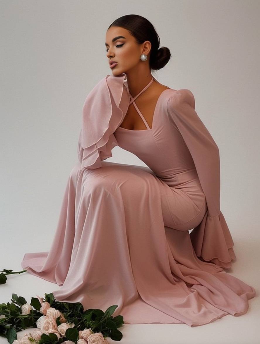 Heidi-Mode | Lange Kleid Chiffon mit Volants Halsband Karree Ärmel Trompete Lange Ärmel Elegant