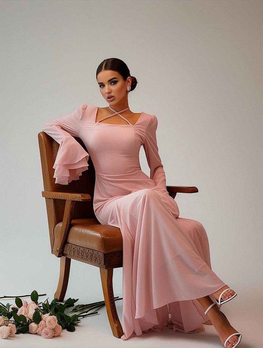 Heidi-Mode | Lange Kleid Chiffon mit Volants Halsband Karree Ärmel Trompete Lange Ärmel Elegant