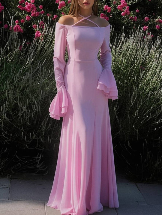 Heidi-Mode | Lange Kleid Chiffon mit Volants Halsband Karree Ärmel Trompete Lange Ärmel Elegant