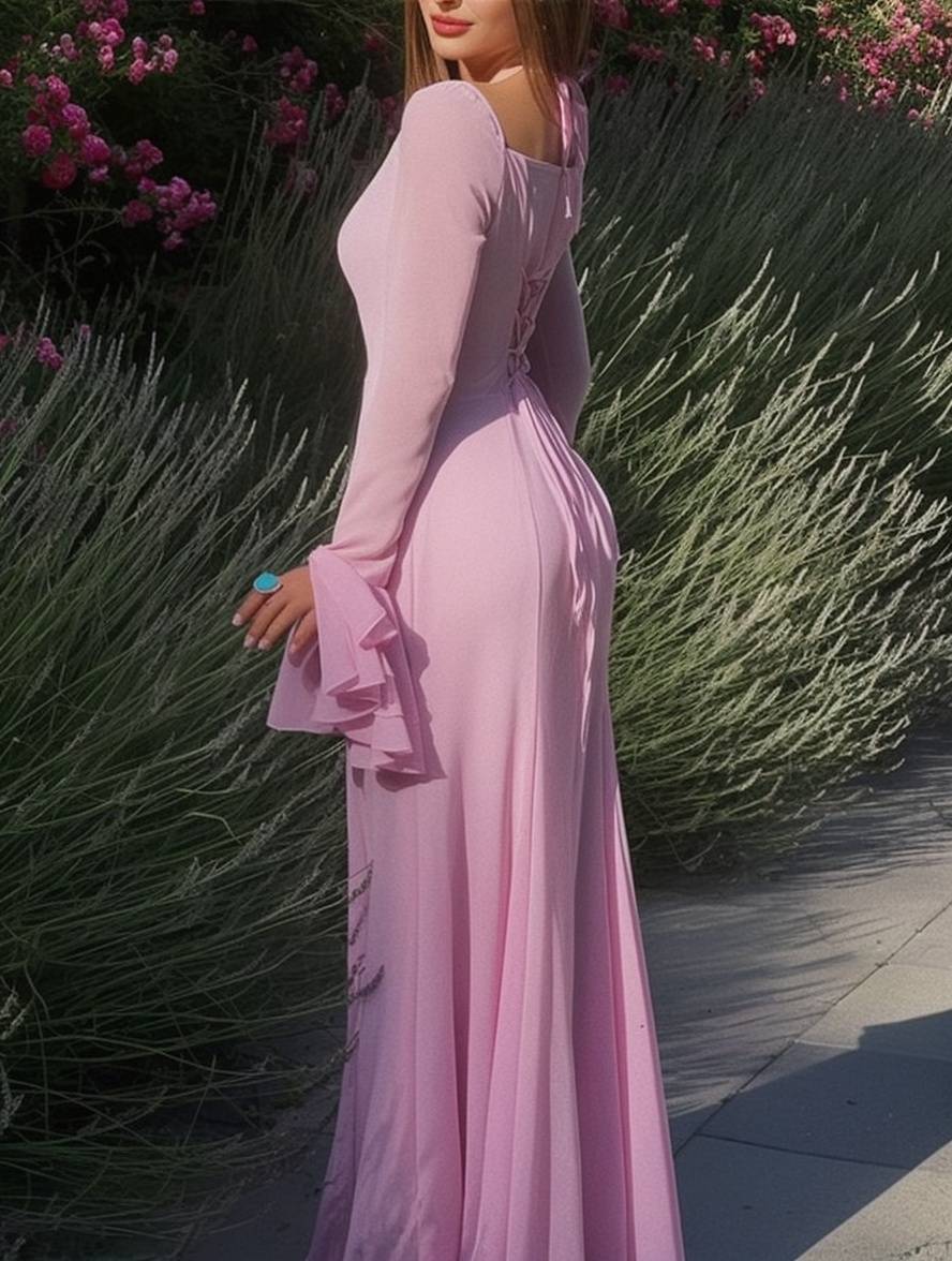 Heidi-Mode | Lange Kleid Chiffon mit Volants Halsband Karree Ärmel Trompete Lange Ärmel Elegant