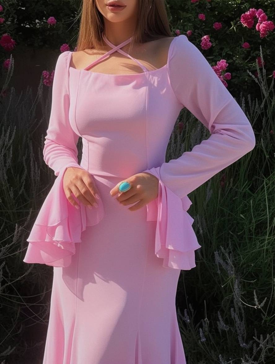 Heidi-Mode | Lange Kleid Chiffon mit Volants Halsband Karree Ärmel Trompete Lange Ärmel Elegant