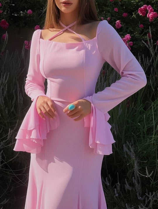 Heidi-Mode | Lange Kleid Chiffon mit Volants Halsband Karree Ärmel Trompete Lange Ärmel Elegant