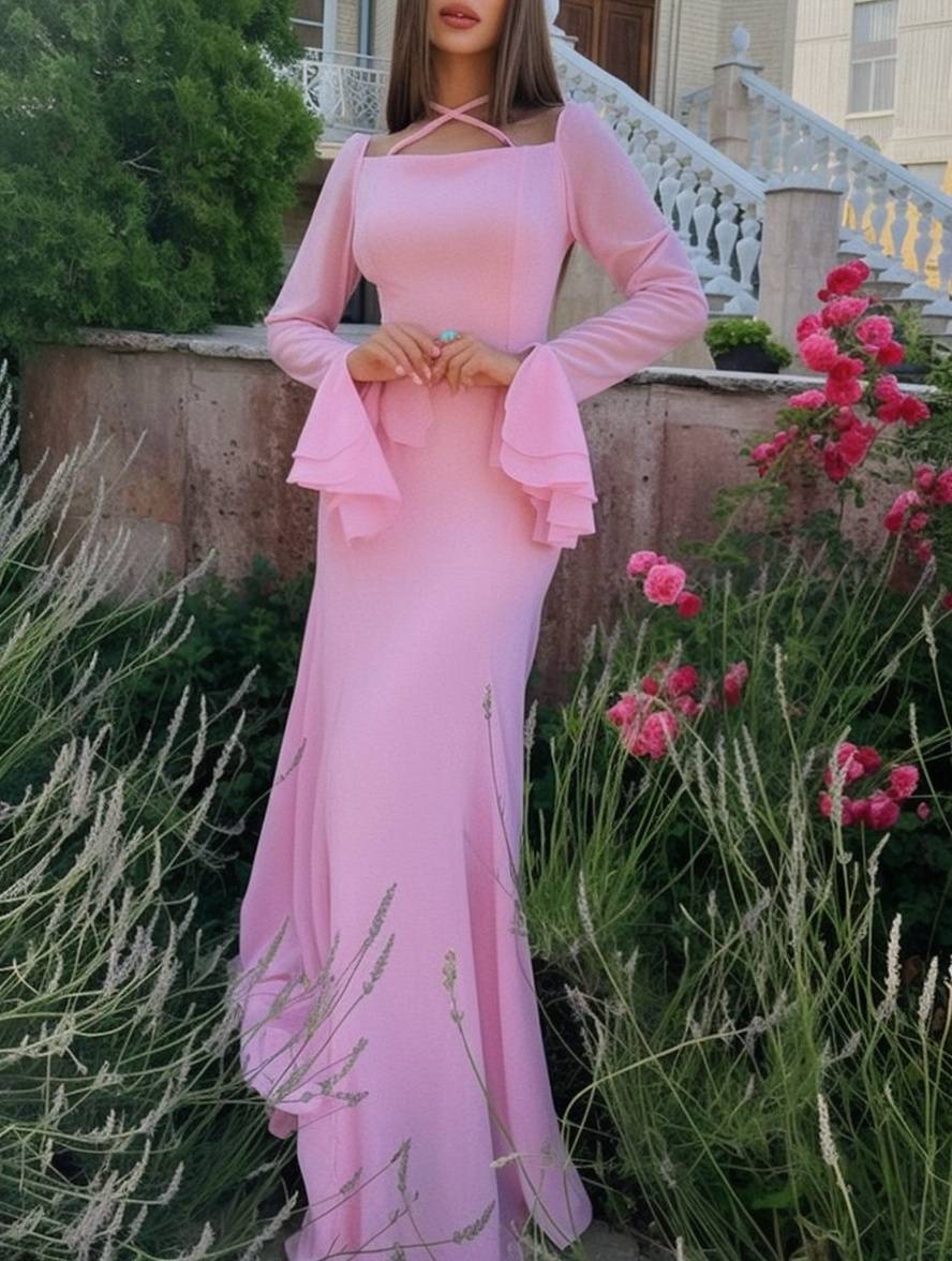 Heidi-Mode | Lange Kleid Chiffon mit Volants Halsband Karree Ärmel Trompete Lange Ärmel Elegant