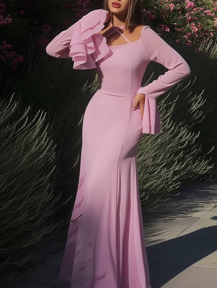Heidi-Mode | Lange Kleid Chiffon mit Volants Halsband Karree Ärmel Trompete Lange Ärmel Elegant