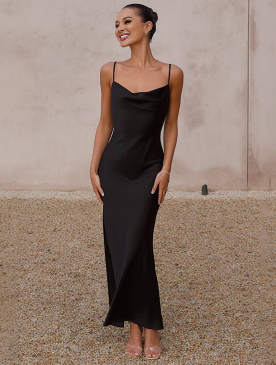 Heidi-Mode | Kleid Brautjungfer Satin Enganliegend Rückenfrei mit Feinen Trägern Elegante Damen Abendgesellschaft Hochzeitsgast
