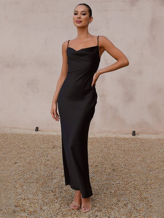 Heidi-Mode | Kleid Brautjungfer Satin Enganliegend Rückenfrei mit Feinen Trägern Elegante Damen Abendgesellschaft Hochzeitsgast