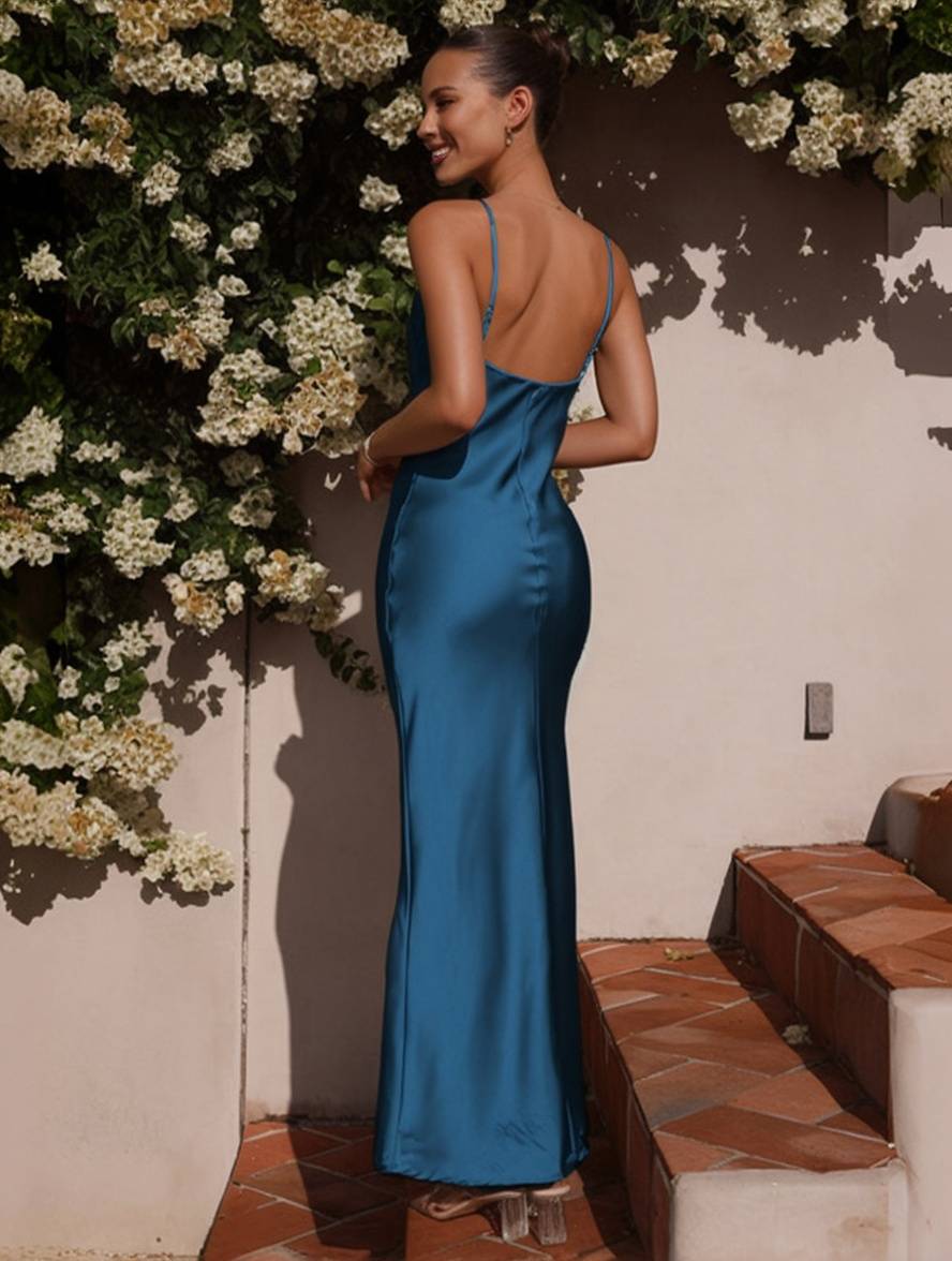 Heidi-Mode | Kleid Brautjungfer Satin Enganliegend Rückenfrei mit Feinen Trägern Elegante Damen Abendgesellschaft Hochzeitsgast