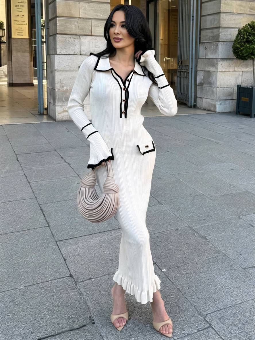 Heidi-Mode | Lange Pull Kleid Enges Polo Ausgestellte Ärmel Lange Ärmel Knopfverschluss Taschen Elegant Damen Abschlussball