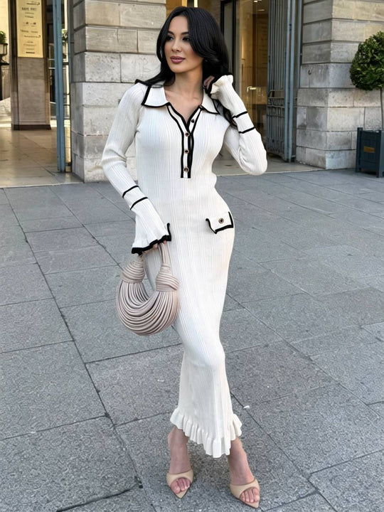 Heidi-Mode | Lange Pull Kleid Enges Polo Ausgestellte Ärmel Lange Ärmel Knopfverschluss Taschen Elegant Damen Abschlussball