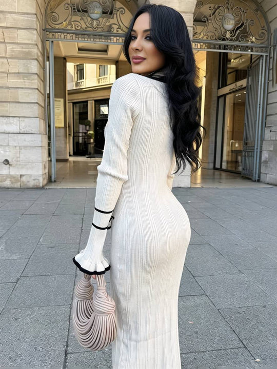 Heidi-Mode | Lange Pull Kleid Enges Polo Ausgestellte Ärmel Lange Ärmel Knopfverschluss Taschen Elegant Damen Abschlussball