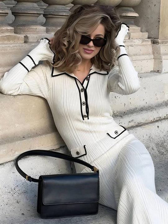 Heidi-Mode | Lange Pull Kleid Enges Polo Ausgestellte Ärmel Lange Ärmel Knopfverschluss Taschen Elegant Damen Abschlussball