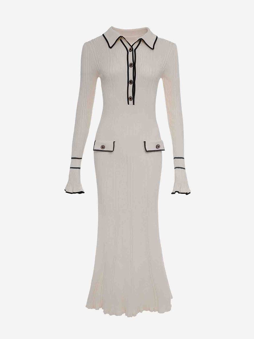 Heidi-Mode | Lange Pull Kleid Enges Polo Ausgestellte Ärmel Lange Ärmel Knopfverschluss Taschen Elegant Damen Abschlussball