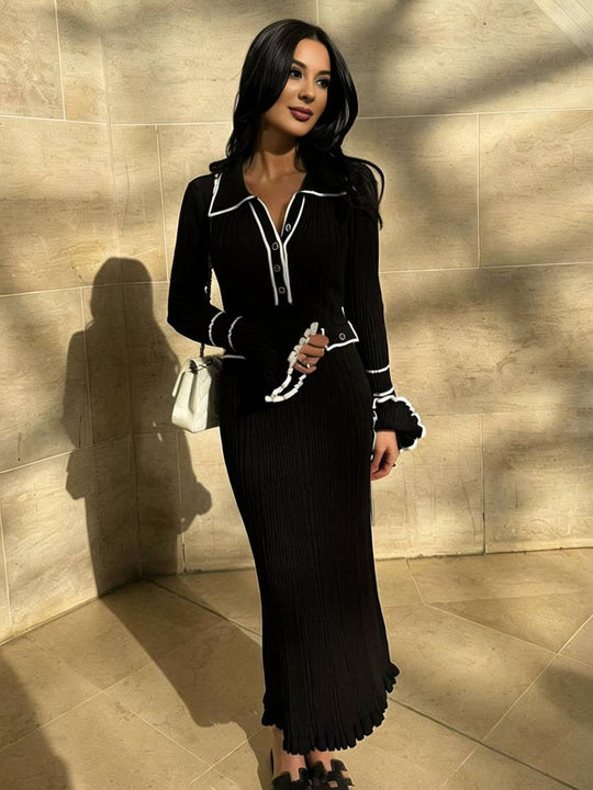 Heidi-Mode | Lange Pull Kleid Enges Polo Ausgestellte Ärmel Lange Ärmel Knopfverschluss Taschen Elegant Damen Abschlussball