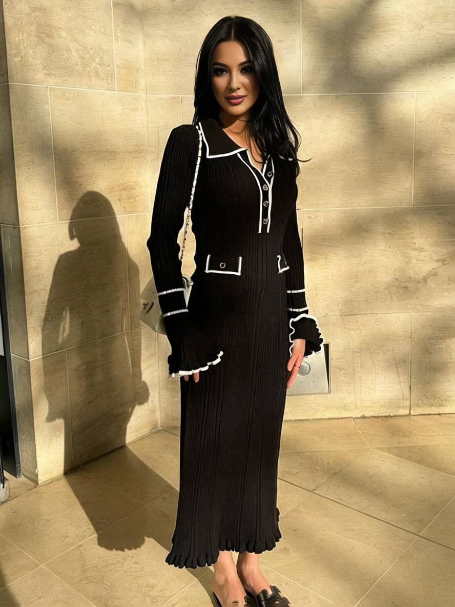 Heidi-Mode | Lange Pull Kleid Enges Polo Ausgestellte Ärmel Lange Ärmel Knopfverschluss Taschen Elegant Damen Abschlussball
