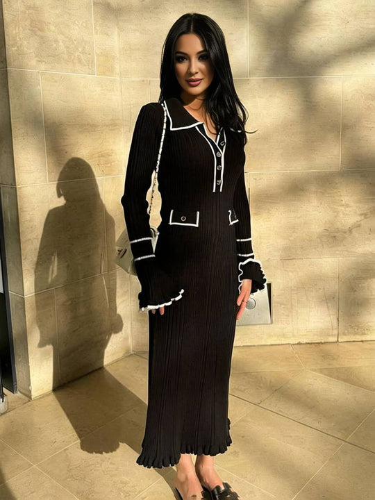 Heidi-Mode | Lange Pull Kleid Enges Polo Ausgestellte Ärmel Lange Ärmel Knopfverschluss Taschen Elegant Damen Abschlussball