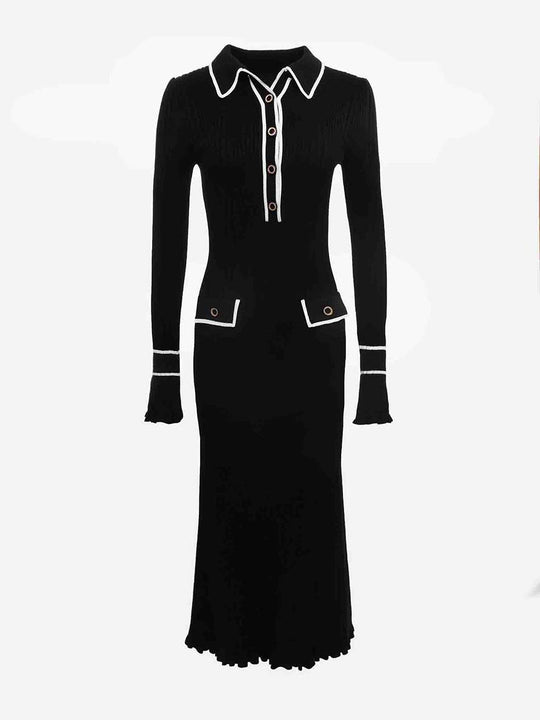 Heidi-Mode | Lange Pull Kleid Enges Polo Ausgestellte Ärmel Lange Ärmel Knopfverschluss Taschen Elegant Damen Abschlussball