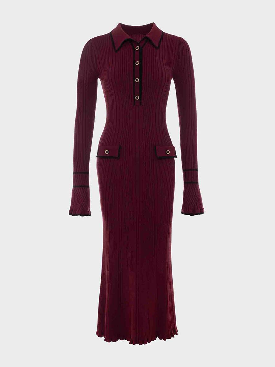 Heidi-Mode | Lange Pull Kleid Enges Polo Ausgestellte Ärmel Lange Ärmel Knopfverschluss Taschen Elegant Damen Abschlussball
