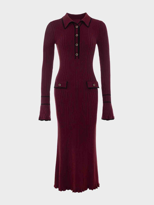 Heidi-Mode | Lange Pull Kleid Enges Polo Ausgestellte Ärmel Lange Ärmel Knopfverschluss Taschen Elegant Damen Abschlussball