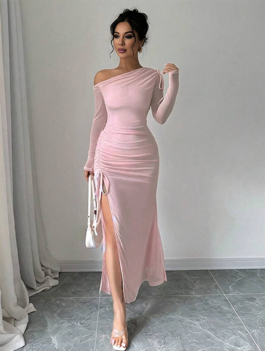 Heidi-Mode | Lange Figurbetonte Tüllrobe mit Schlitz An Der Seite Eine Schulter Lange Ärmel Damen Elegante Freizeit Abendkleid