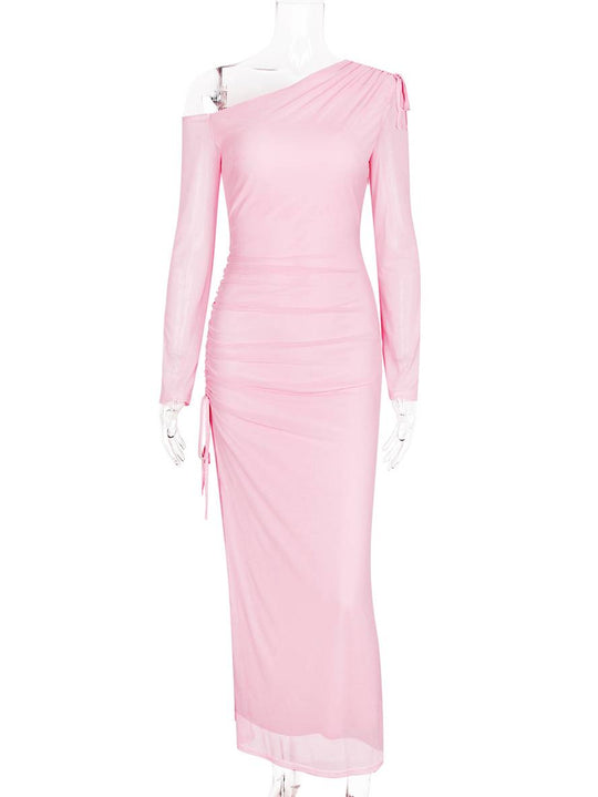 Heidi-Mode | Lange Figurbetonte Tüllrobe mit Schlitz An Der Seite Eine Schulter Lange Ärmel Damen Elegante Freizeit Abendkleid