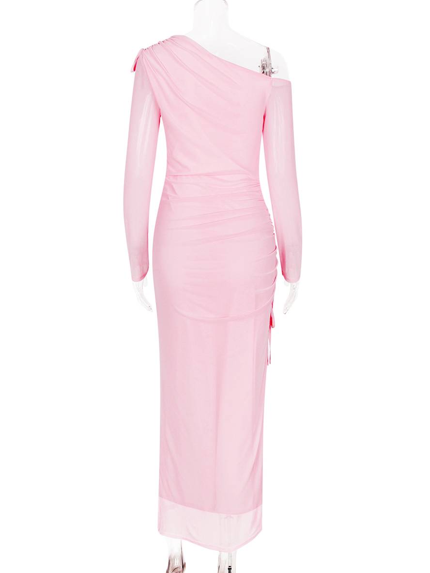 Heidi-Mode | Lange Figurbetonte Tüllrobe mit Schlitz An Der Seite Eine Schulter Lange Ärmel Damen Elegante Freizeit Abendkleid