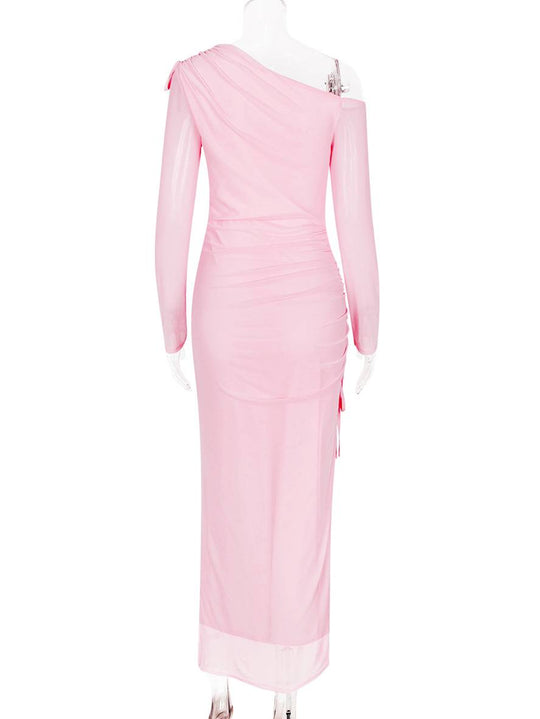 Heidi-Mode | Lange Figurbetonte Tüllrobe mit Schlitz An Der Seite Eine Schulter Lange Ärmel Damen Elegante Freizeit Abendkleid