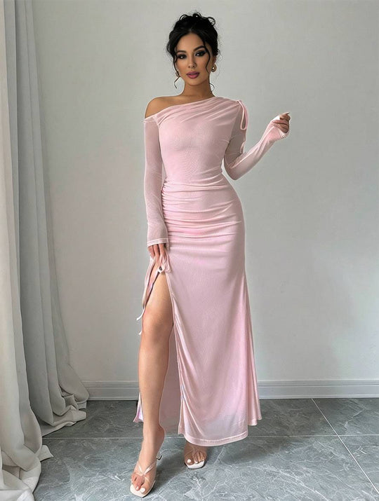Heidi-Mode | Lange Figurbetonte Tüllrobe mit Schlitz An Der Seite Eine Schulter Lange Ärmel Damen Elegante Freizeit Abendkleid