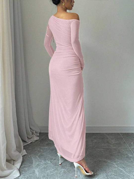 Heidi-Mode | Lange Figurbetonte Tüllrobe mit Schlitz An Der Seite Eine Schulter Lange Ärmel Damen Elegante Freizeit Abendkleid