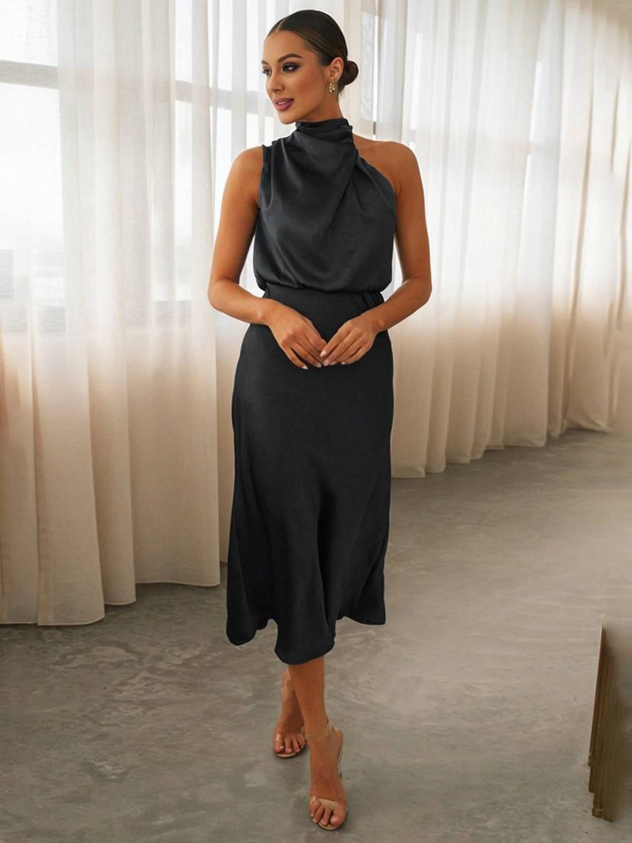 Heidi-Mode | Lange Satin Brautjungfernkleid Unregelmäßiger Rollkragen Halsband Ärmless Elegant Abendkleid für Hochzeit
