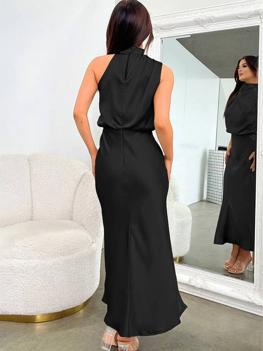 Heidi-Mode | Lange Satin Brautjungfernkleid Unregelmäßiger Rollkragen Halsband Ärmless Elegant Abendkleid für Hochzeit