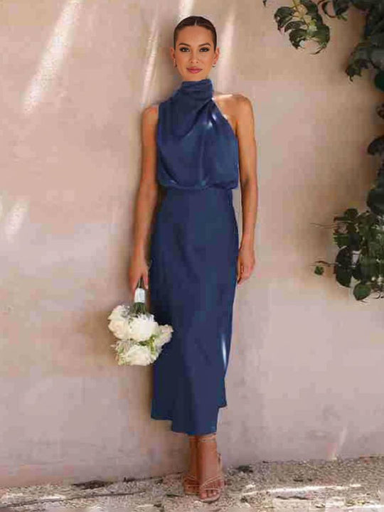 Heidi-Mode | Lange Satin Brautjungfernkleid Unregelmäßiger Rollkragen Halsband Ärmless Elegant Abendkleid für Hochzeit