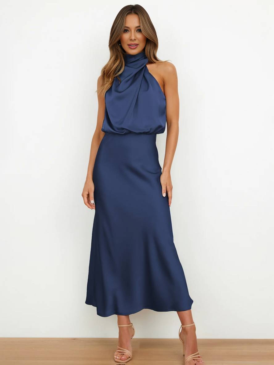 Heidi-Mode | Lange Satin Brautjungfernkleid Unregelmäßiger Rollkragen Halsband Ärmless Elegant Abendkleid für Hochzeit