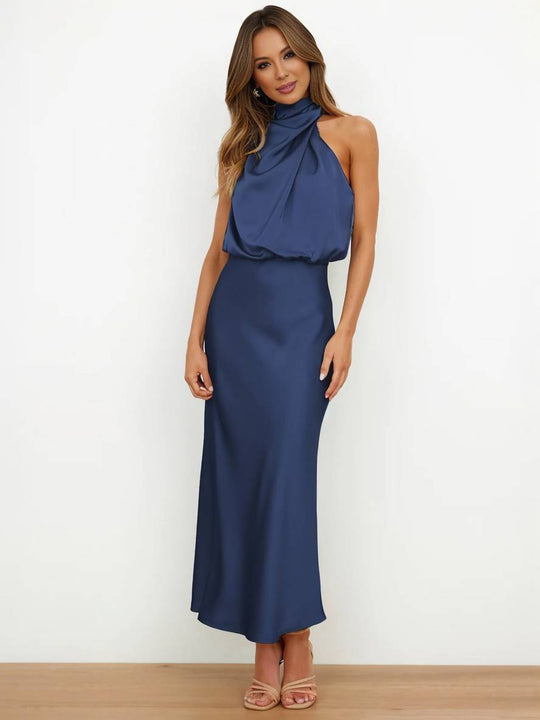 Heidi-Mode | Lange Satin Brautjungfernkleid Unregelmäßiger Rollkragen Halsband Ärmless Elegant Abendkleid für Hochzeit