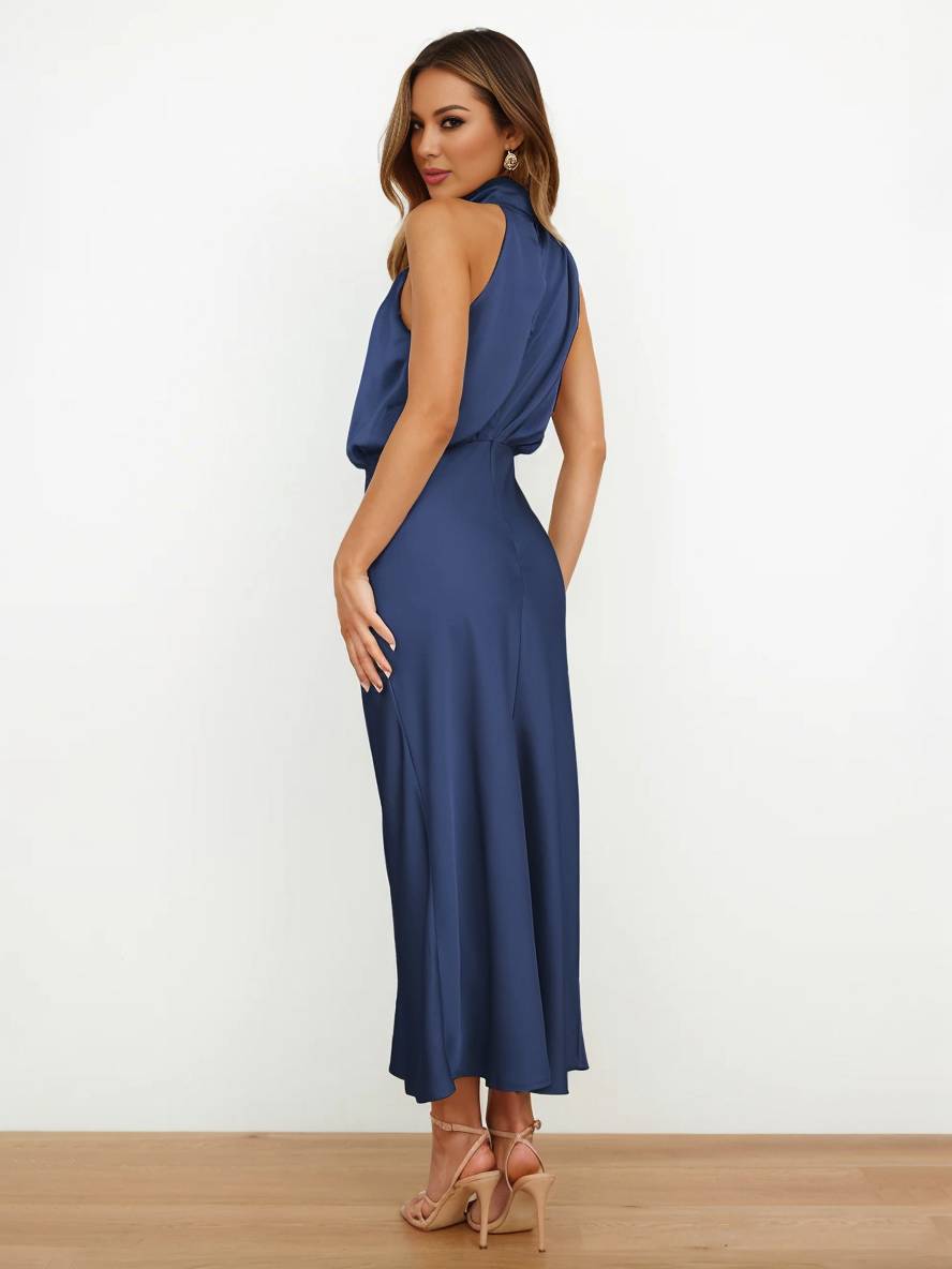 Heidi-Mode | Lange Satin Brautjungfernkleid Unregelmäßiger Rollkragen Halsband Ärmless Elegant Abendkleid für Hochzeit