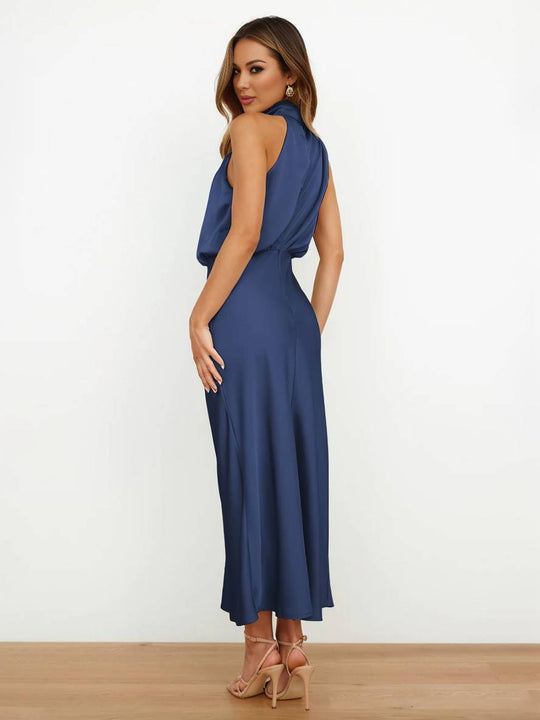 Heidi-Mode | Lange Satin Brautjungfernkleid Unregelmäßiger Rollkragen Halsband Ärmless Elegant Abendkleid für Hochzeit