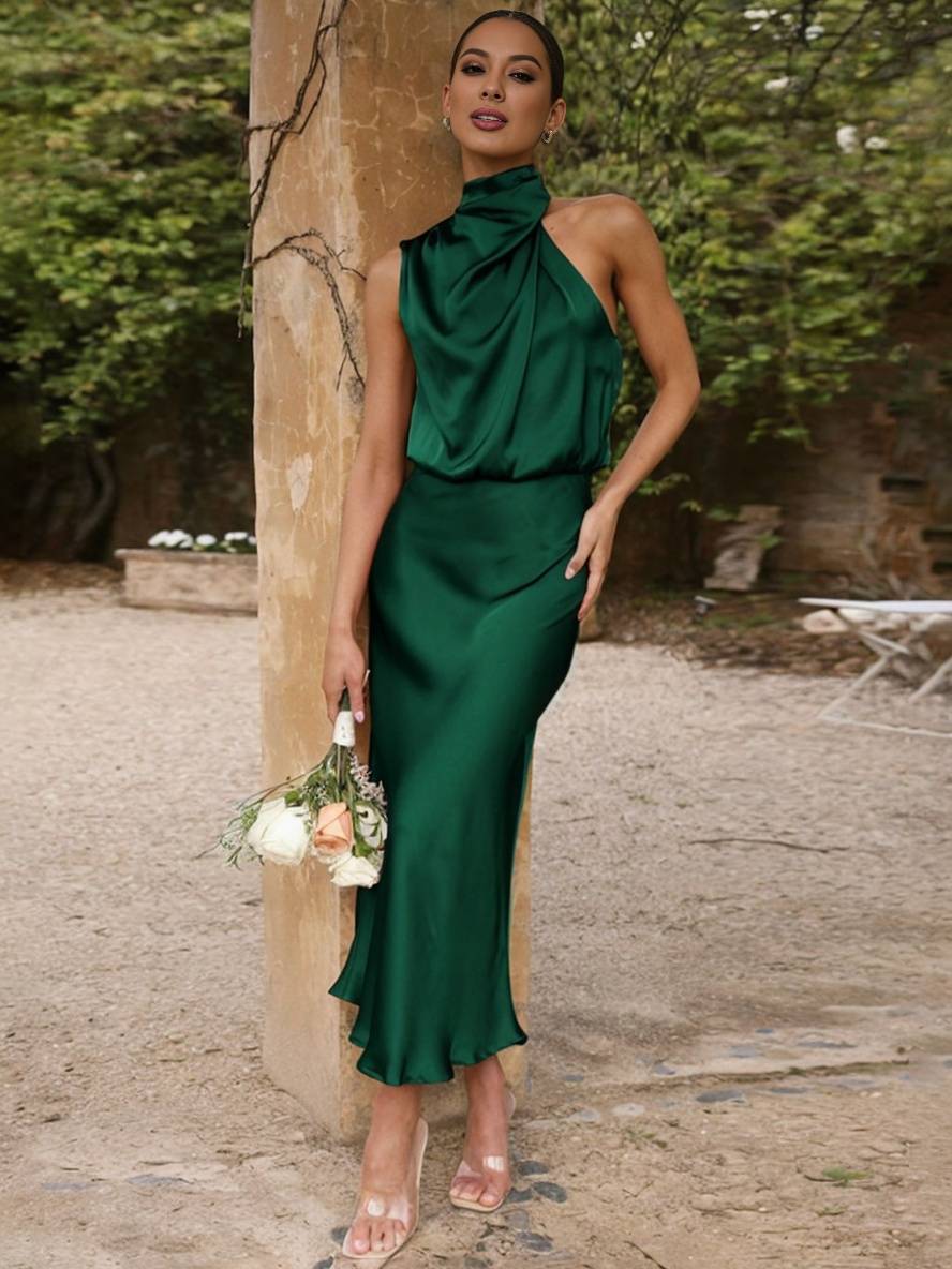 Heidi-Mode | Lange Satin Brautjungfernkleid Unregelmäßiger Rollkragen Halsband Ärmless Elegant Abendkleid für Hochzeit