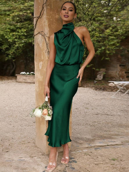 Heidi-Mode | Lange Satin Brautjungfernkleid Unregelmäßiger Rollkragen Halsband Ärmless Elegant Abendkleid für Hochzeit