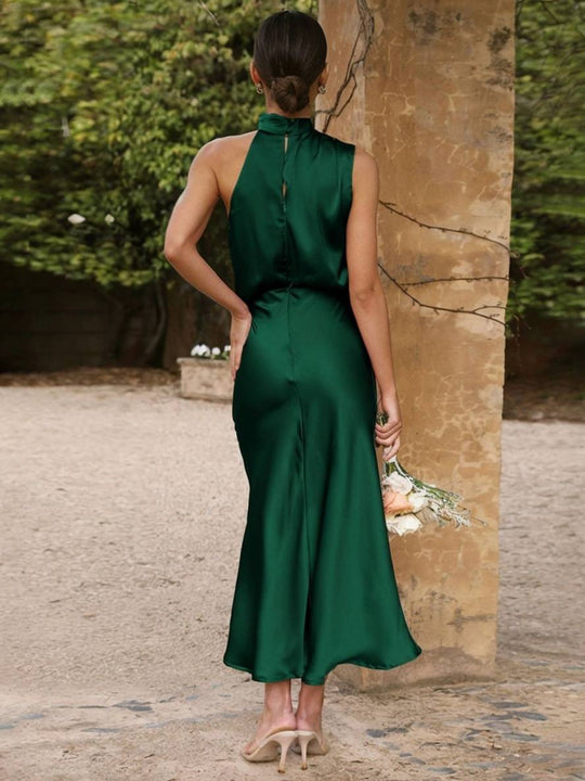 Heidi-Mode | Lange Satin Brautjungfernkleid Unregelmäßiger Rollkragen Halsband Ärmless Elegant Abendkleid für Hochzeit