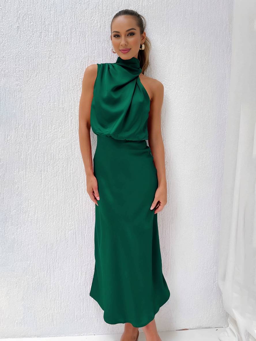 Heidi-Mode | Lange Satin Brautjungfernkleid Unregelmäßiger Rollkragen Halsband Ärmless Elegant Abendkleid für Hochzeit