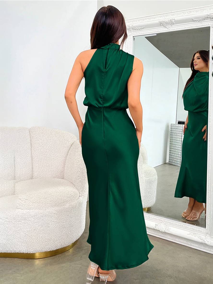 Heidi-Mode | Lange Satin Brautjungfernkleid Unregelmäßiger Rollkragen Halsband Ärmless Elegant Abendkleid für Hochzeit