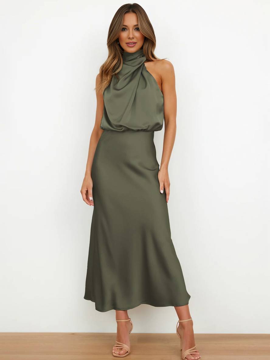 Heidi-Mode | Lange Satin Brautjungfernkleid Unregelmäßiger Rollkragen Halsband Ärmless Elegant Abendkleid für Hochzeit