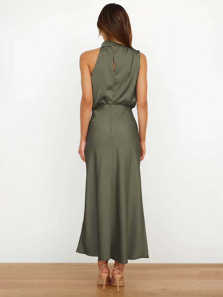 Heidi-Mode | Lange Satin Brautjungfernkleid Unregelmäßiger Rollkragen Halsband Ärmless Elegant Abendkleid für Hochzeit