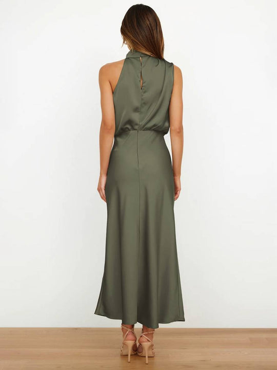 Heidi-Mode | Lange Satin Brautjungfernkleid Unregelmäßiger Rollkragen Halsband Ärmless Elegant Abendkleid für Hochzeit