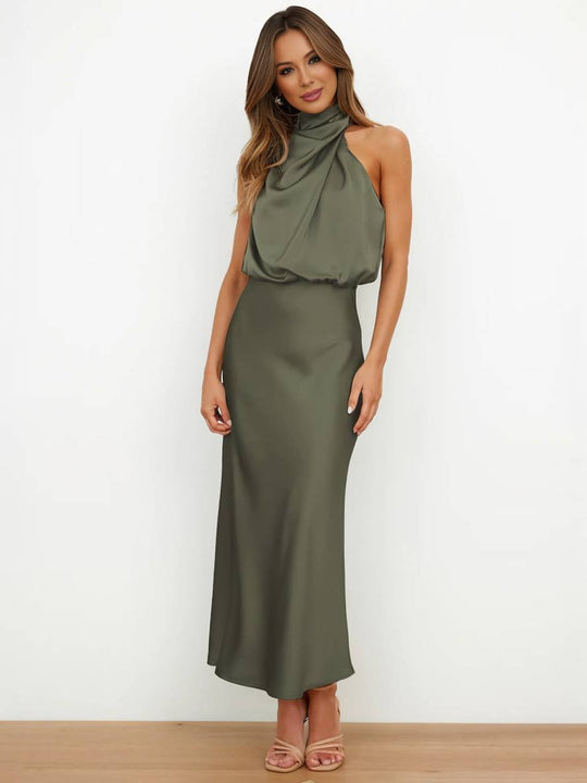 Heidi-Mode | Lange Satin Brautjungfernkleid Unregelmäßiger Rollkragen Halsband Ärmless Elegant Abendkleid für Hochzeit