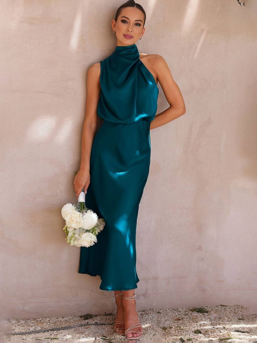 Heidi-Mode | Lange Satin Brautjungfernkleid Unregelmäßiger Rollkragen Halsband Ärmless Elegant Abendkleid für Hochzeit