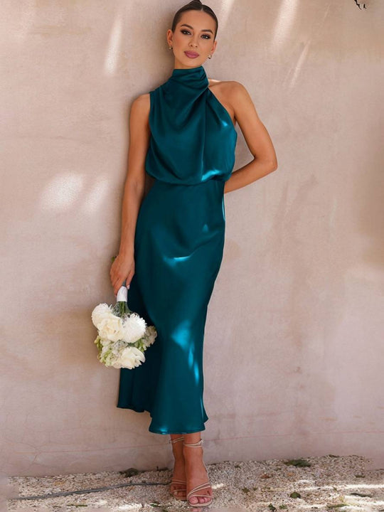 Heidi-Mode | Lange Satin Brautjungfernkleid Unregelmäßiger Rollkragen Halsband Ärmless Elegant Abendkleid für Hochzeit