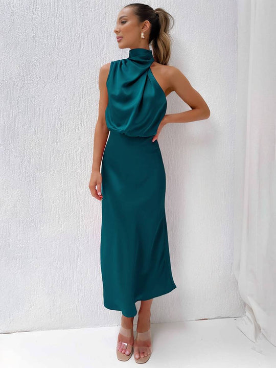 Heidi-Mode | Lange Satin Brautjungfernkleid Unregelmäßiger Rollkragen Halsband Ärmless Elegant Abendkleid für Hochzeit