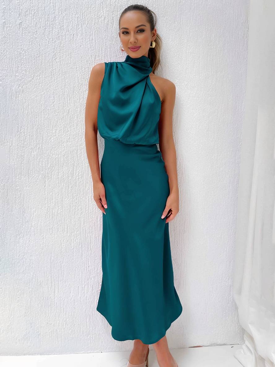 Heidi-Mode | Lange Satin Brautjungfernkleid Unregelmäßiger Rollkragen Halsband Ärmless Elegant Abendkleid für Hochzeit