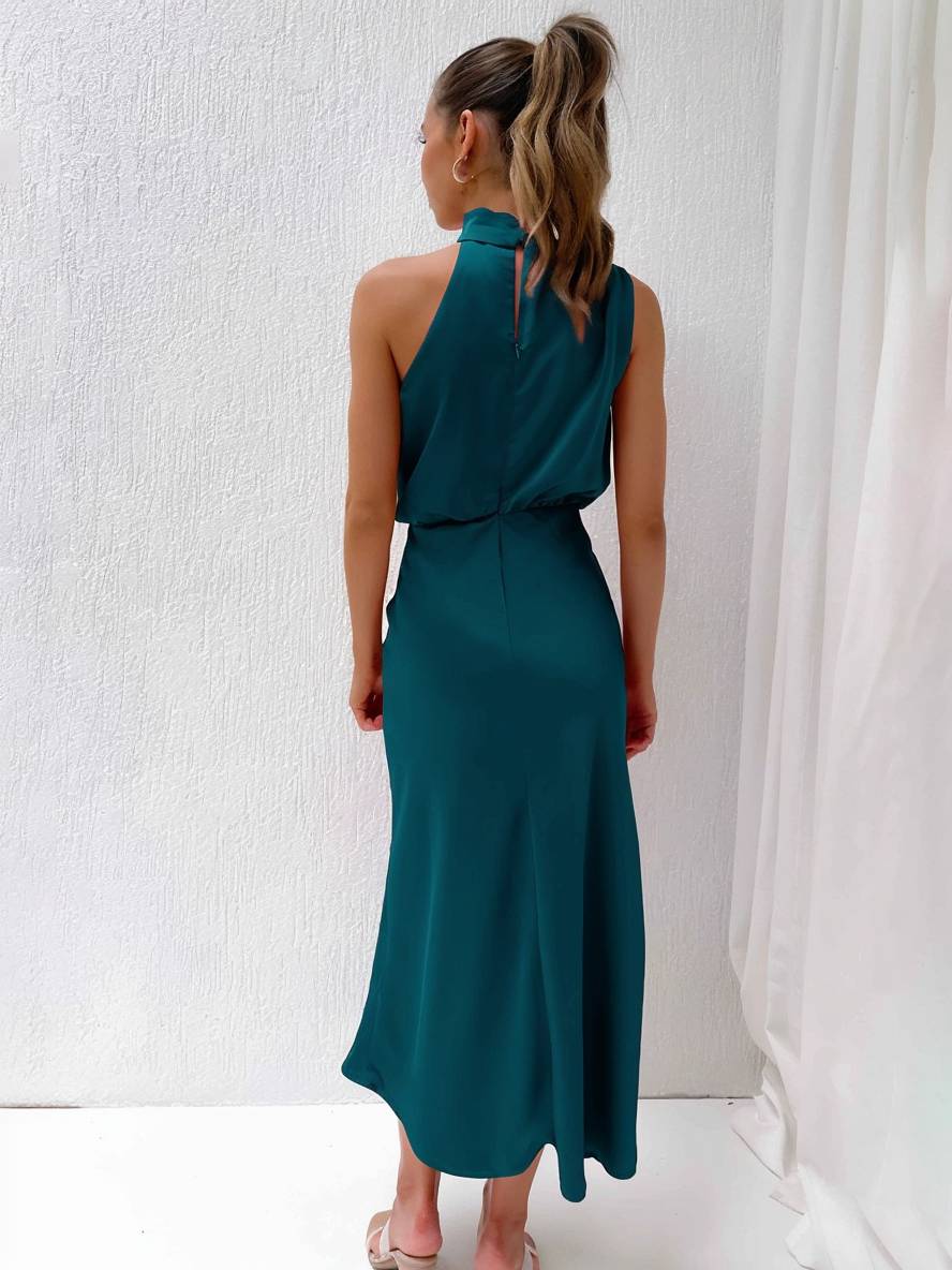 Heidi-Mode | Lange Satin Brautjungfernkleid Unregelmäßiger Rollkragen Halsband Ärmless Elegant Abendkleid für Hochzeit